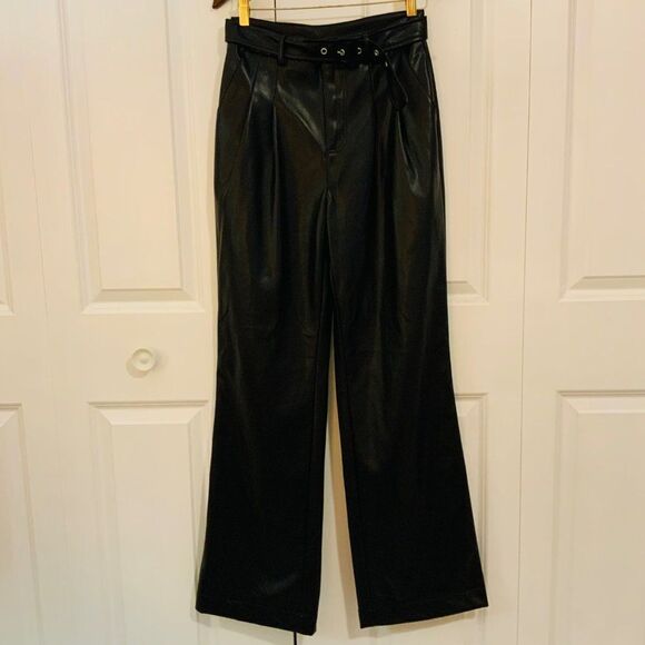 7 For All Mankind Black Vegan Faux Leather Belted Wide Leg Pants Small New - Picture 3 of 13